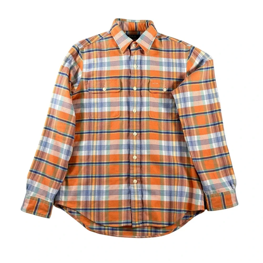 Polo Ralph Lauren Mens Medium Classic Fit Orange Plaid Flannel Button Down Shirt